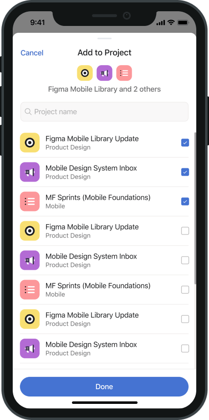 Asana redesigned add-to-project screen