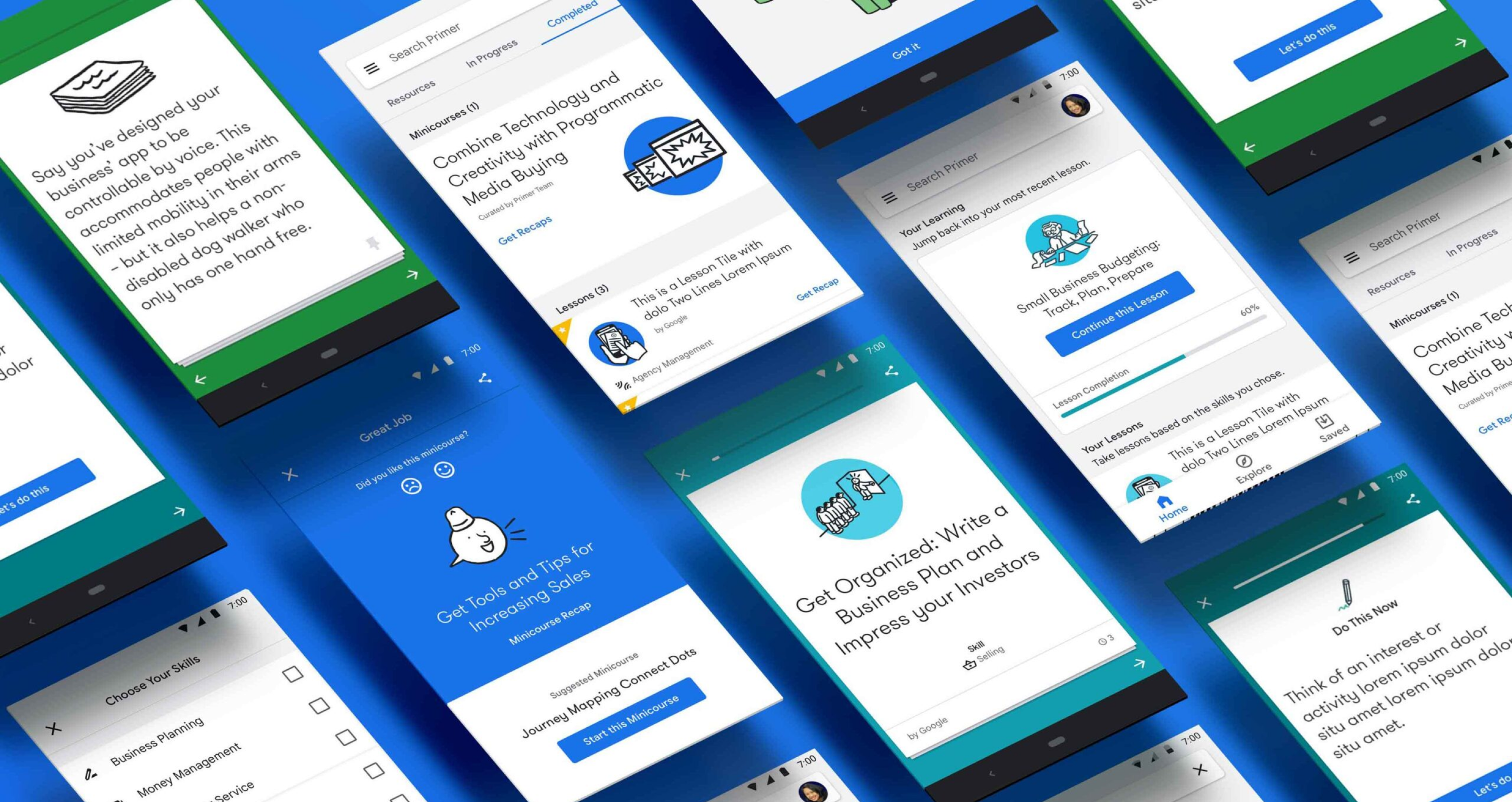 Montage of Google Primer in-app lessons and marketing surfaces