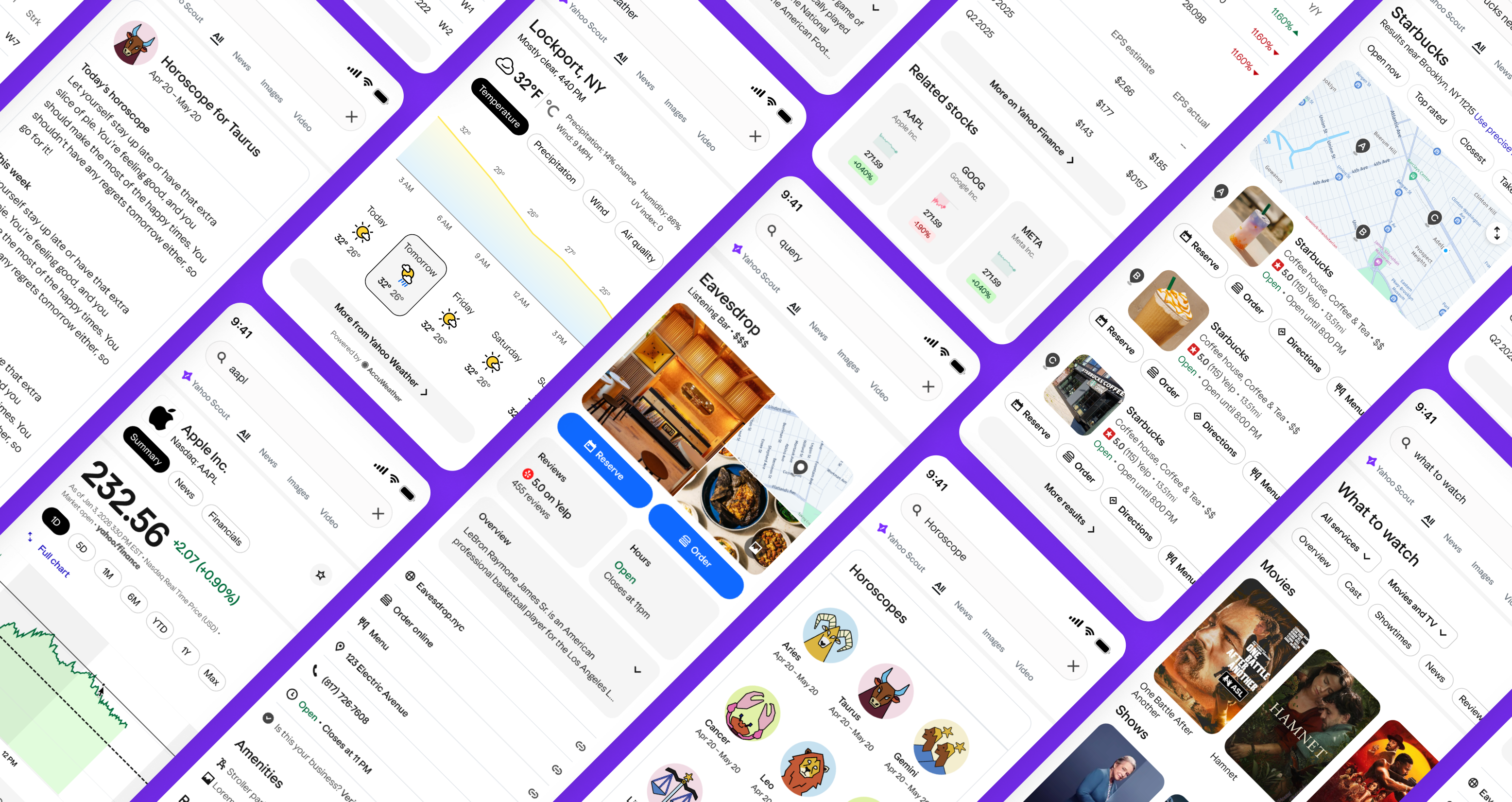 Montage of Yahoo search redesign surfaces across desktop and mobile